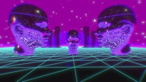 Futuristic Neon Human Heads and Grid Landscape Loop
