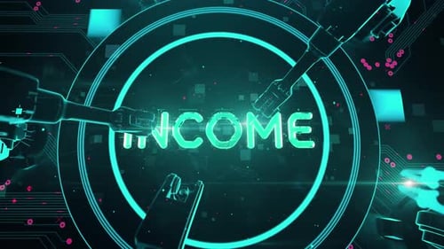 Futuristic Corporate Data Displays with AI Robot and Financial Text