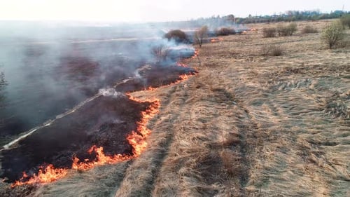 Strong Fire in an Empty Field, Strong Smoke From a Burning Place. Flying Over a Fire at Low Altitude