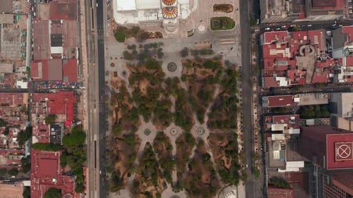 Aerial Birds Eye Overhead Top Down Panning View of Public Urban Park Alameda Central and Palacio De