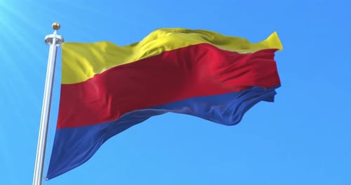 Waving Horizontal Tricolor Flag with Yellow Red Blue Stripes