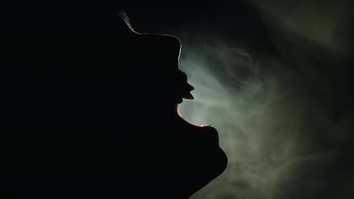 Silhouetted Head Profile in Dark Studio with Smoke