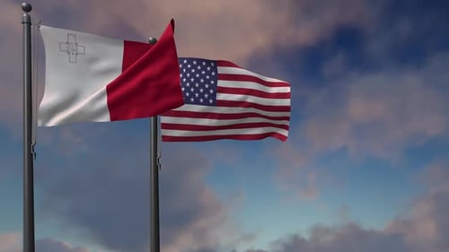 Malta and USA Flags Waving in Cloudy Sky