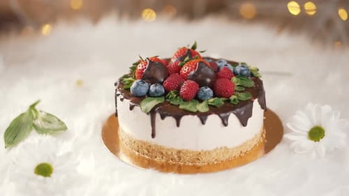 Bolo com gotas de chocolate e frutas vermelhas