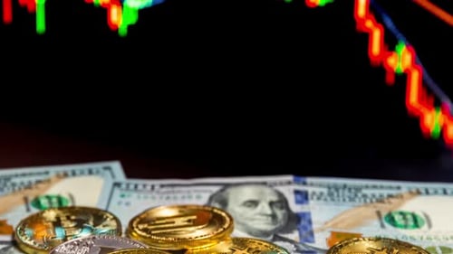 Bitcoin Coins with Global Trading Exchange Market Price Chart in the Background