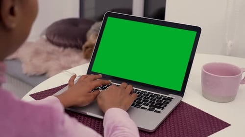 Over the Shoulder Shot of a Black Woman Sitting at the Table and Typing on Laptop with Green Chroma