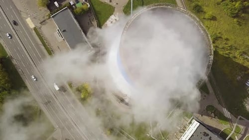 Aerial View of Cooling Tower in Urban Environment