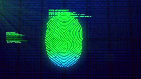 Animation of digital biometric fingerprint computer interface icon on ...