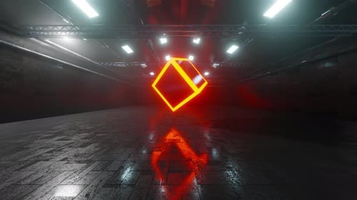 3D rendered animation of rotating cube in industrial facility