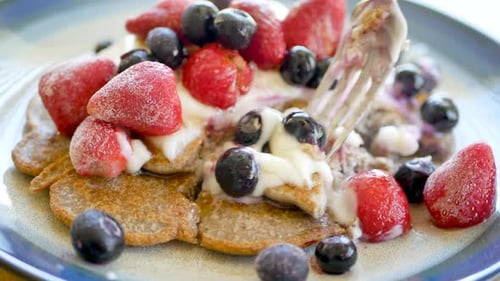 Pancakes with Berries and Yogurt on Plate