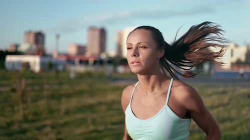 Closeup Exhausted Fitness Woman Running at Urban Industrial Cityscape Morning Training Outdoor
