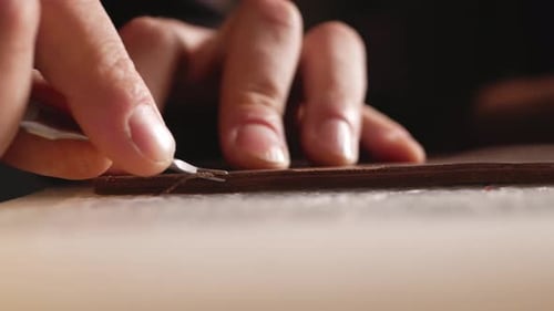 Tanner Works with Leather Makes Purse Manual Labor Small Business Production