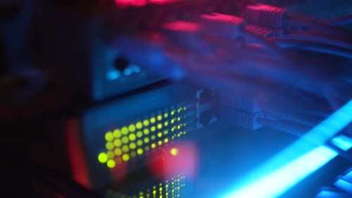 Closeup View of Modern Internet Network Switch with Plugged Ethernet Cables