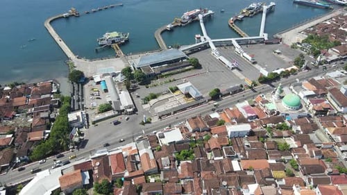 Aerial view of Port in Banyuwangi Indonesia with ferry in Bali Ocean
