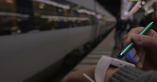 Woman using smart watch at underground station