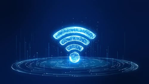 Blue particle WIFI logo with futuristic technology circle rotation and levitation dot