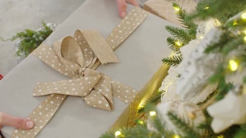 Christmas Gift Placement Near Lit Tree