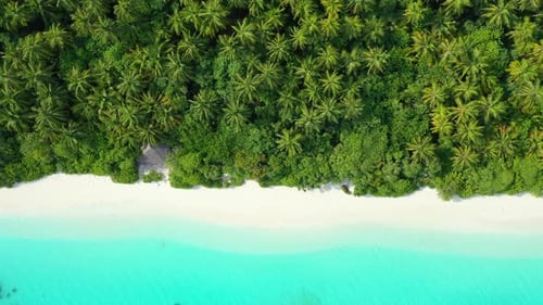 Wide above tourism shot of a summer white paradise sand beach and aqua blue ocean background in 4K