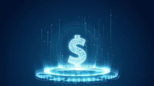 Logo de dinero digital azul con rotación de círculo de tecnología futurista sobre fondo abstracto