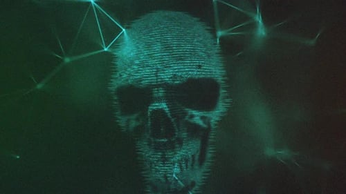Binary Code Skull Glitch with Plexus Network Background