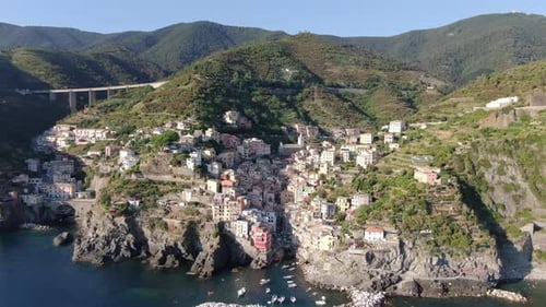 Aerial view of Riomaggiore village, part of Cinque Terre, Italy, Europe
