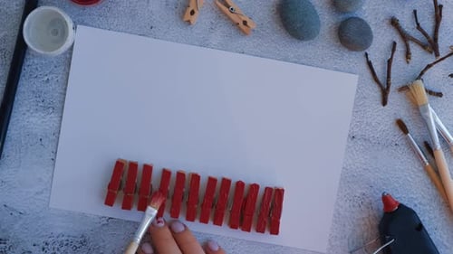 Making Diy Merry Christmas Deer on Greeting Card Postcard Made of Pebbles Sea Stones Clothespins and