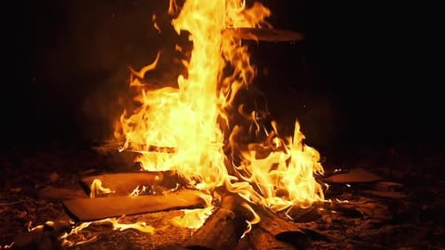 Ein großes Lagerfeuer brennt in der Nacht. Feuer-Flamme-Hintergrund. Zeitlupe 240 Fps