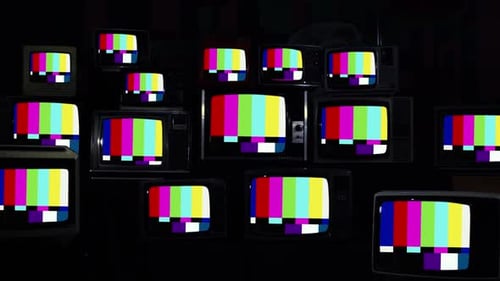 SMPTE Color Bars On Many Retro TVs. Blue Dark Tone.