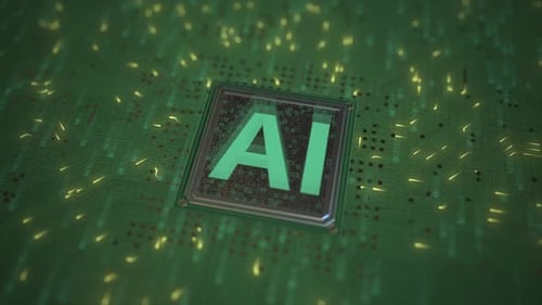 Futuristic AI Circuit Board with Digital Data Flow