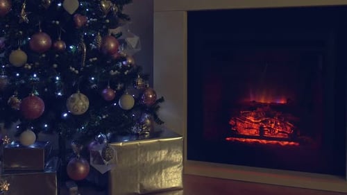 Christmas Tree and Fireplace with Gifts Indoors