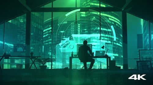 Silhouette of a man in an office working with a virtual interface 4K