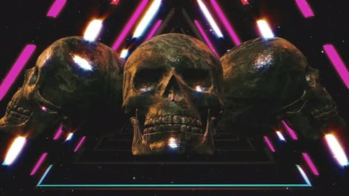 Animated 3D Skulls in Futuristic Neon Tunnel
