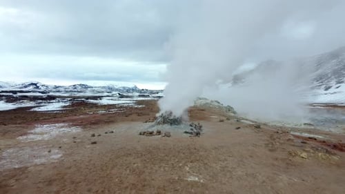 Aerial view of boiling mud pits and fumaroles in Hverir, Iceland