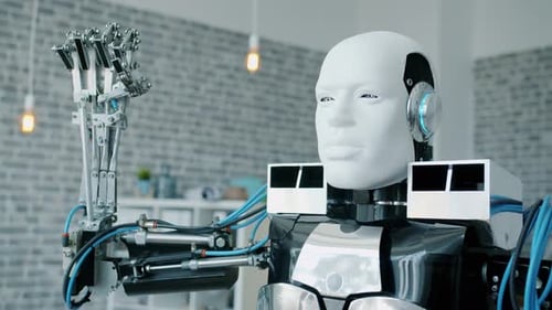 Futuristic Robot with Mechanical Hand in Modern Home