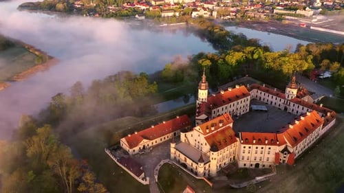 Amazing Dawn in the Foggy Nesvizh, Fog Over the River, Nesvizh, Ancient Castle, Belarus