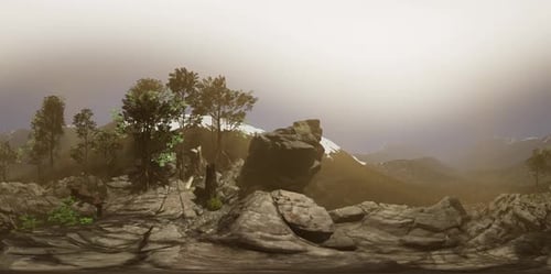 Cámara aérea VR 360 moviéndose por encima de las rocas