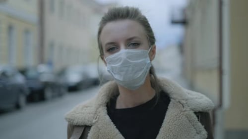 Woman Wearing Face Mask Because of Air Pollution or Virus Epidemic in the City