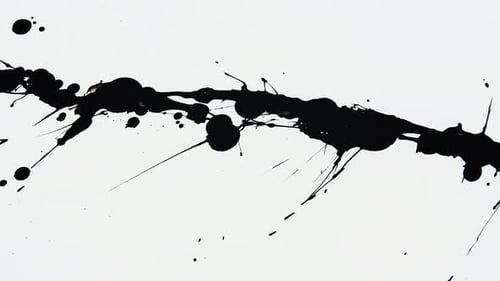 Abstract Artistic Ink Splatters Black Paint Droplets Falling and Spreading on White Background Close