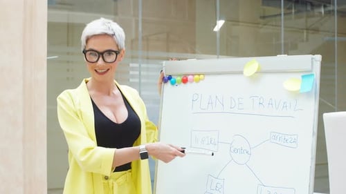 Businesswoman Explaining Plan on Whiteboard in Office