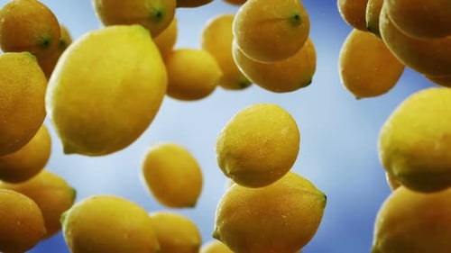 Fresh Lemons with Water Drops Floating on a Blue Background