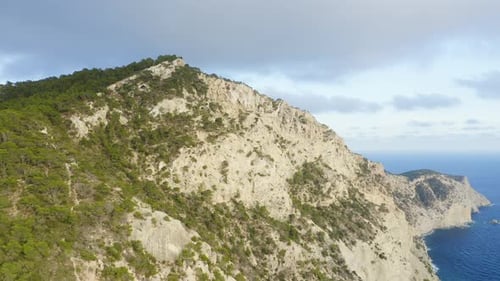 Schwebt über felsigem Klippenwald und Blick auf das Meer