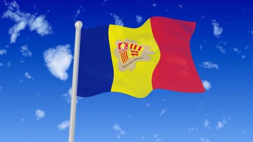Andorra Flag Waving in Blue Sky with Clouds