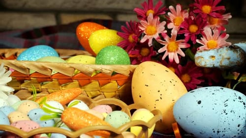 Festive Easter Eggs and Spring Flowers Display