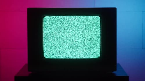 Old Retro Square Television on Red and Blue Neon Background Screen with Ripples and Interference