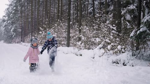 Vidéo de frères et sœurs tirant un traîneau dans la forêt d'hiver. Photo prise avec une caméra à hélium ROUGE en 8K.