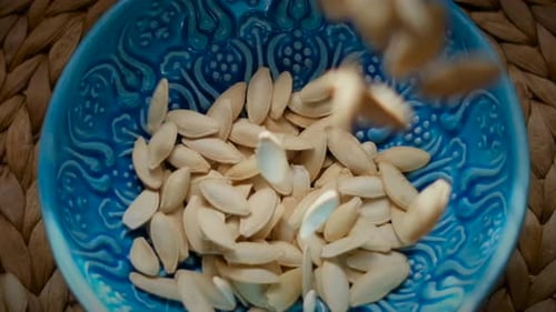 Pumpkin Seeds Dropped Into a Blue Patterned Bowl