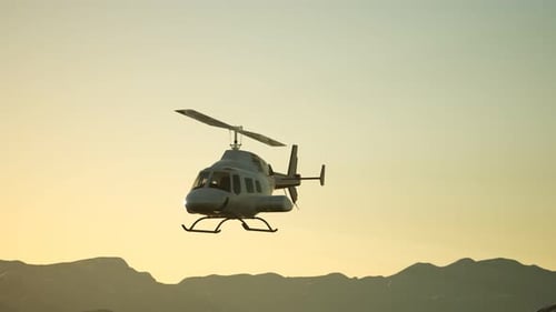 Realistic Helicopter Flying Over Mountains at Sunrise Sunset