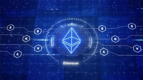 Ethereum blockchain animated logo. ETH cryptocurrency. Digital crypto. 3D Ethereum