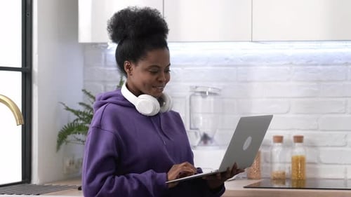 Happy Attractive African American Girl Working Office Work Remotely From Home Black Woman Using