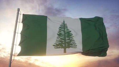 Norfolk Island Flag Waving in Sunset Sky